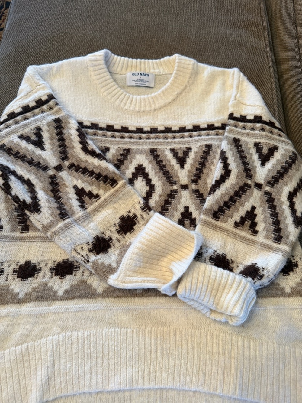 Old Navy Cream and Brown Fair Isle Crewneck Sweater